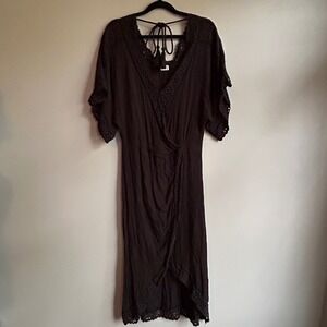 Surf Gypsy Black Eyelet Lace Wrap‎ Midi Dress TX8036 Small Boho Beach Tassel Tie